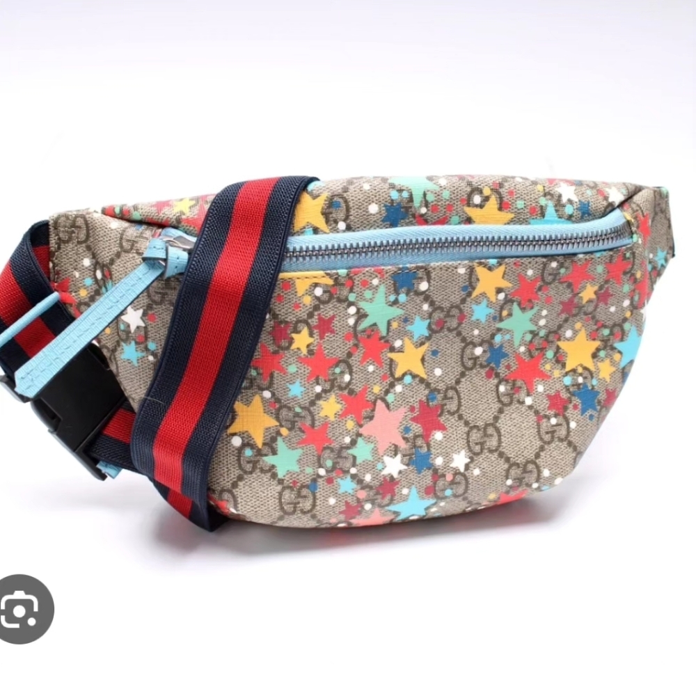 Gucci Beige GG Supreme Star Print Belt Bag with Multicolor Stars and Blue Trim